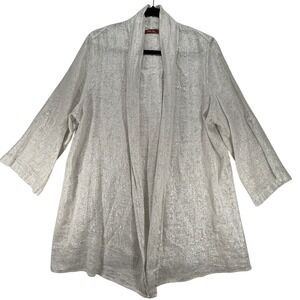 Barbara Lesser Open Front Cardigan Shimmer Metallic Linen Blend Top‎ Size L flaw